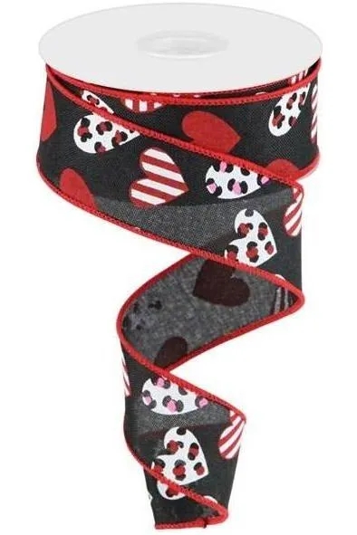 1.5" Leopard Hearts Ribbon: Black (10 Yard)