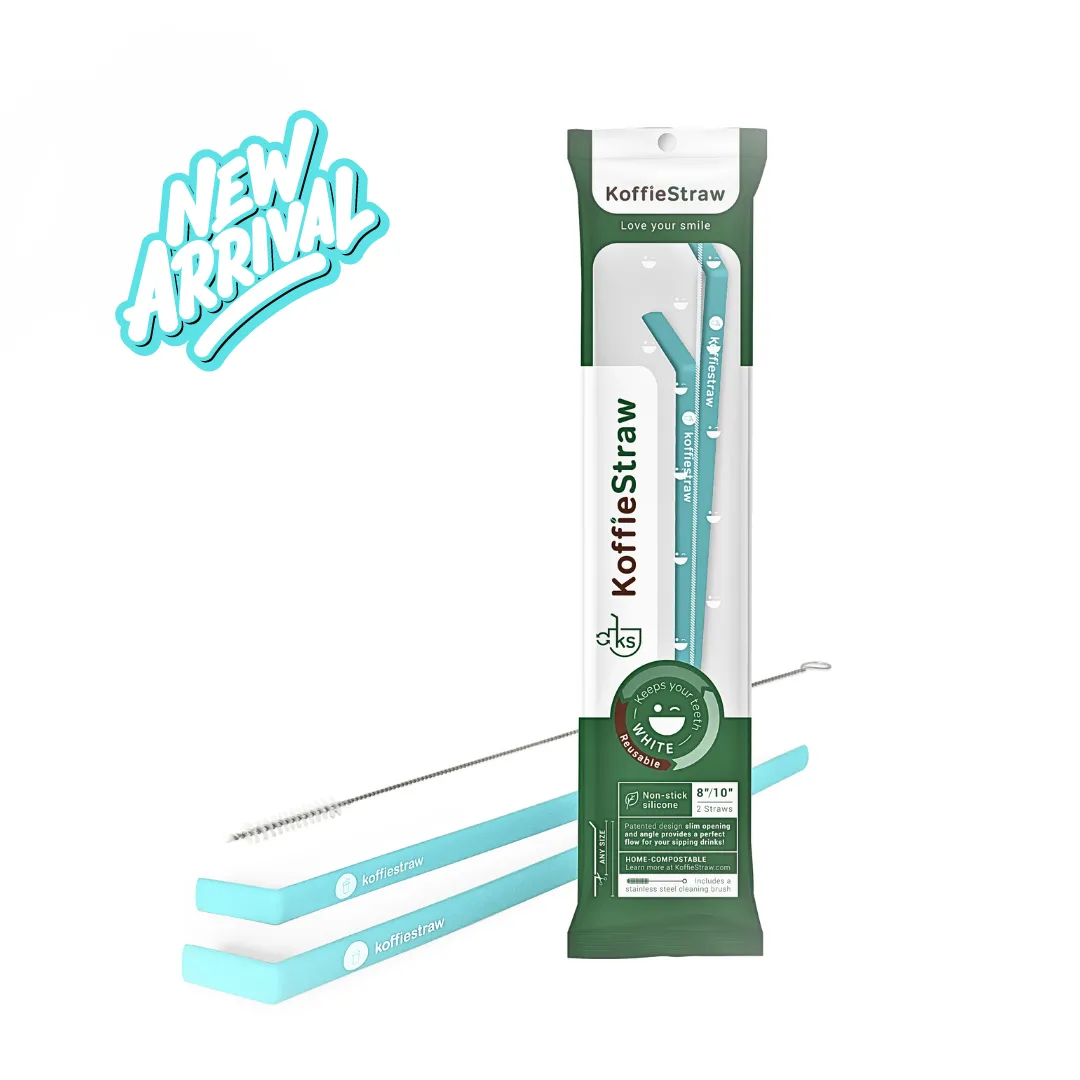 2-Pack of Mint KoffieStraws:  Mint 10"   Mint 8" with stainless steel cleaning brush in home compostable packaging