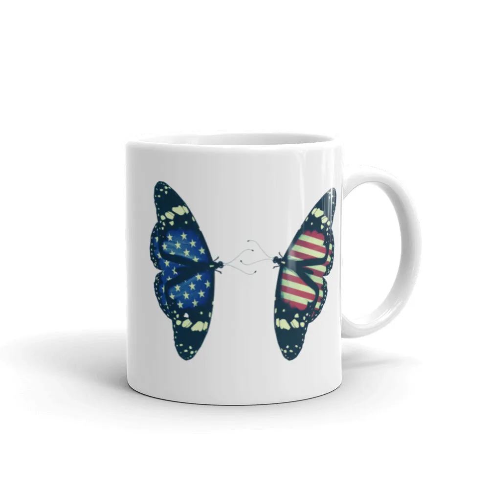 American flag butterflies white coffee mugs, lioness-love