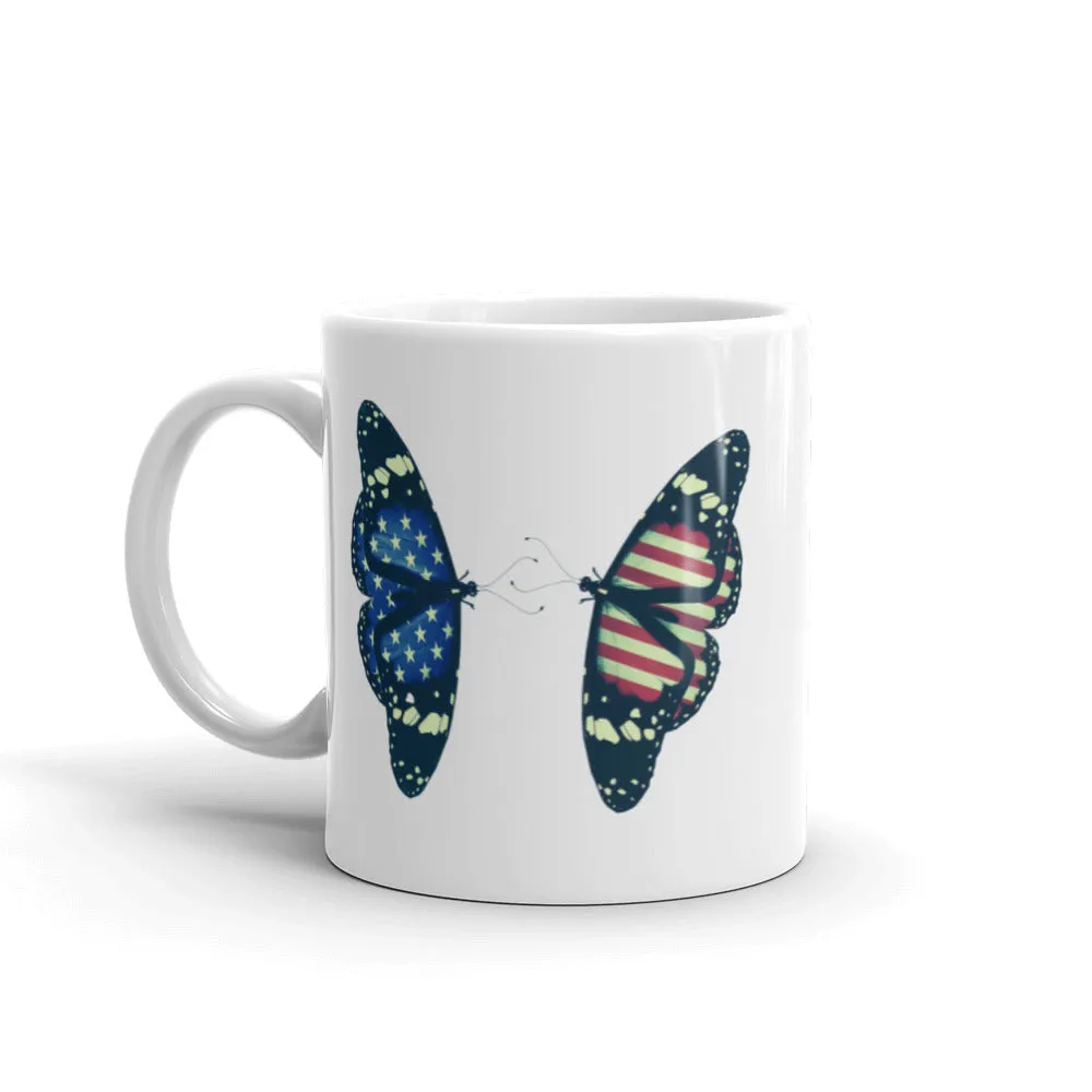 American flag butterflies white coffee mugs, lioness-love