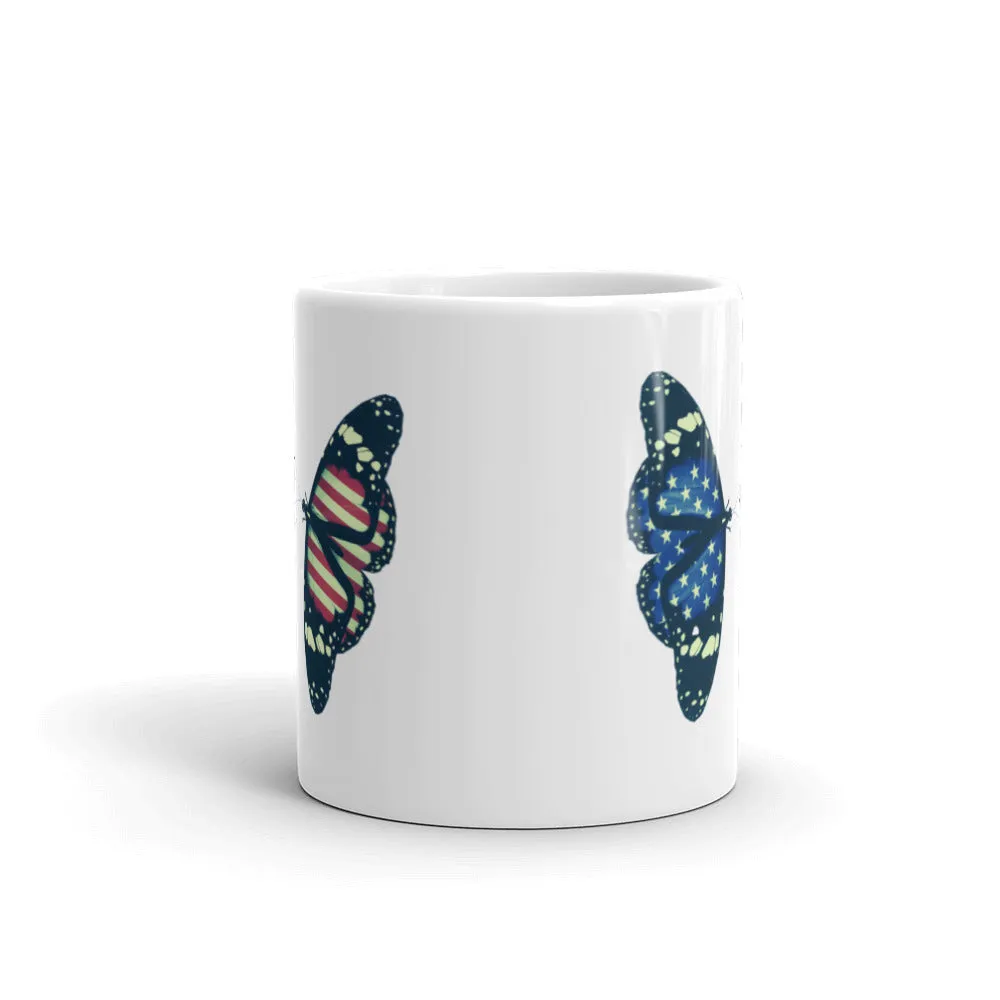 American flag butterflies white coffee mugs, lioness-love