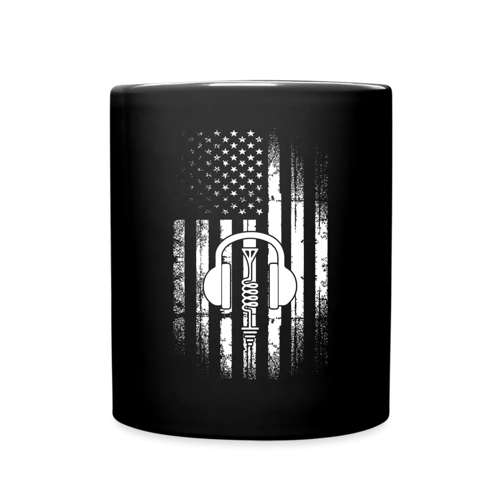 Broadcasting Liberty: Distressed Flag and Ham Radio Icon - Black Ceramic Mug