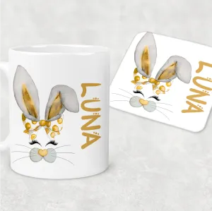 Bunny Rabbit Face Personalised Mug and Coaster Set