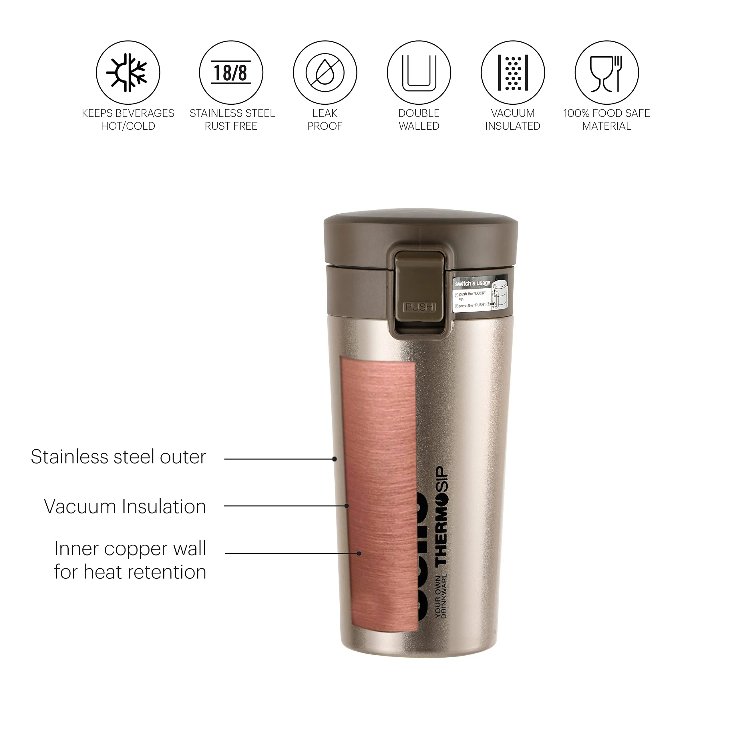 Cello Monty Vacuum Insulated | Travel Coffee Mug Hot and Cold with Lid | Double Walled Carry Flask for Travel, Home, Office, School | 300ml, Gold/Grey (Stainless Steel)