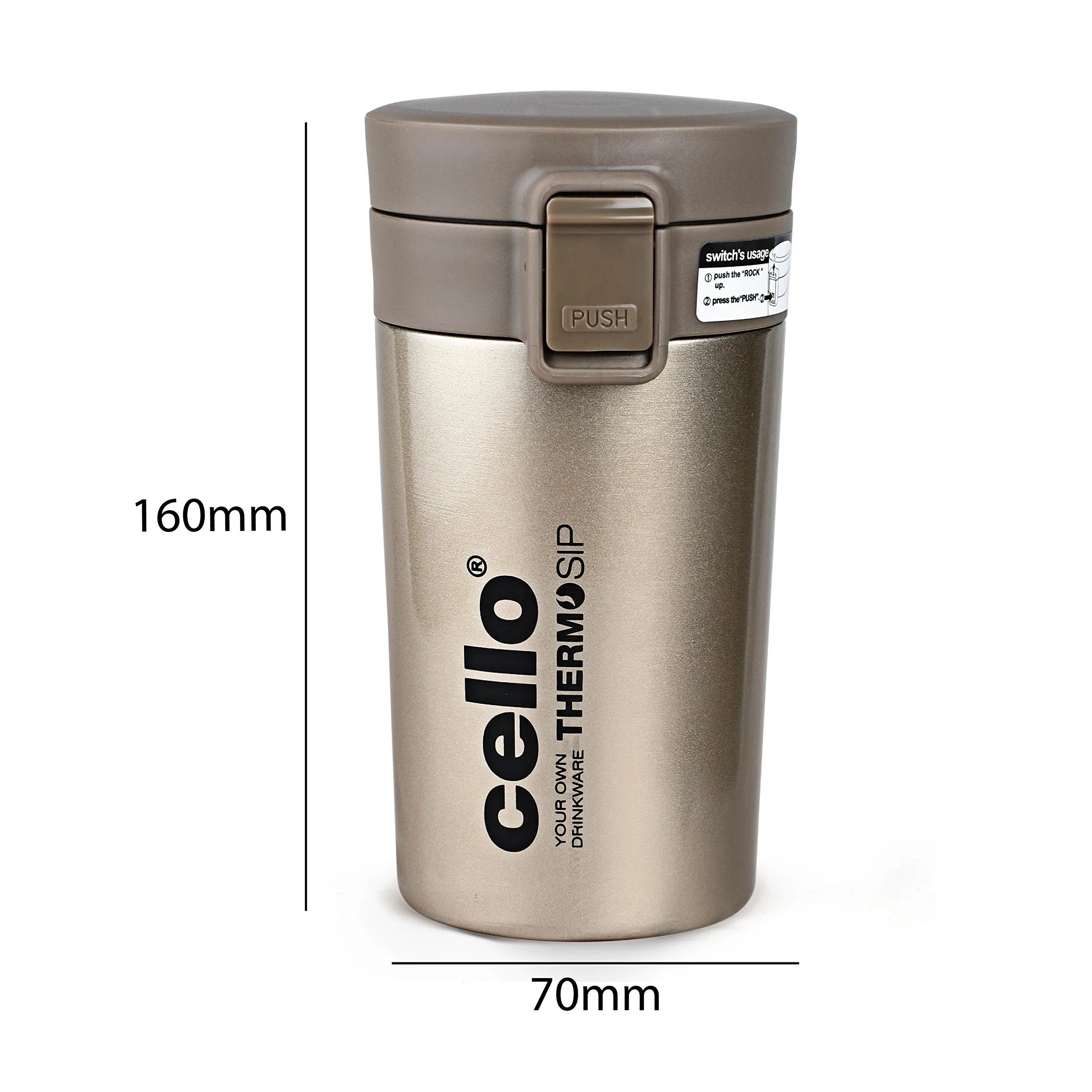 Cello Monty Vacuum Insulated | Travel Coffee Mug Hot and Cold with Lid | Double Walled Carry Flask for Travel, Home, Office, School | 300ml, Gold/Grey (Stainless Steel)