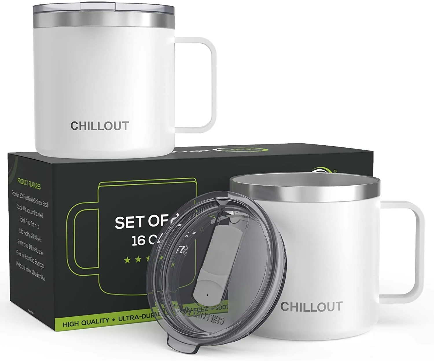 CHILLOUT LIFE Set of 2 - 16 oz Stainless steel Vacuum Insulated Coffee Mugs with Handle and Lid, Large Thermal Camping Coffee Mugs with Sliding Lid for Men & Women