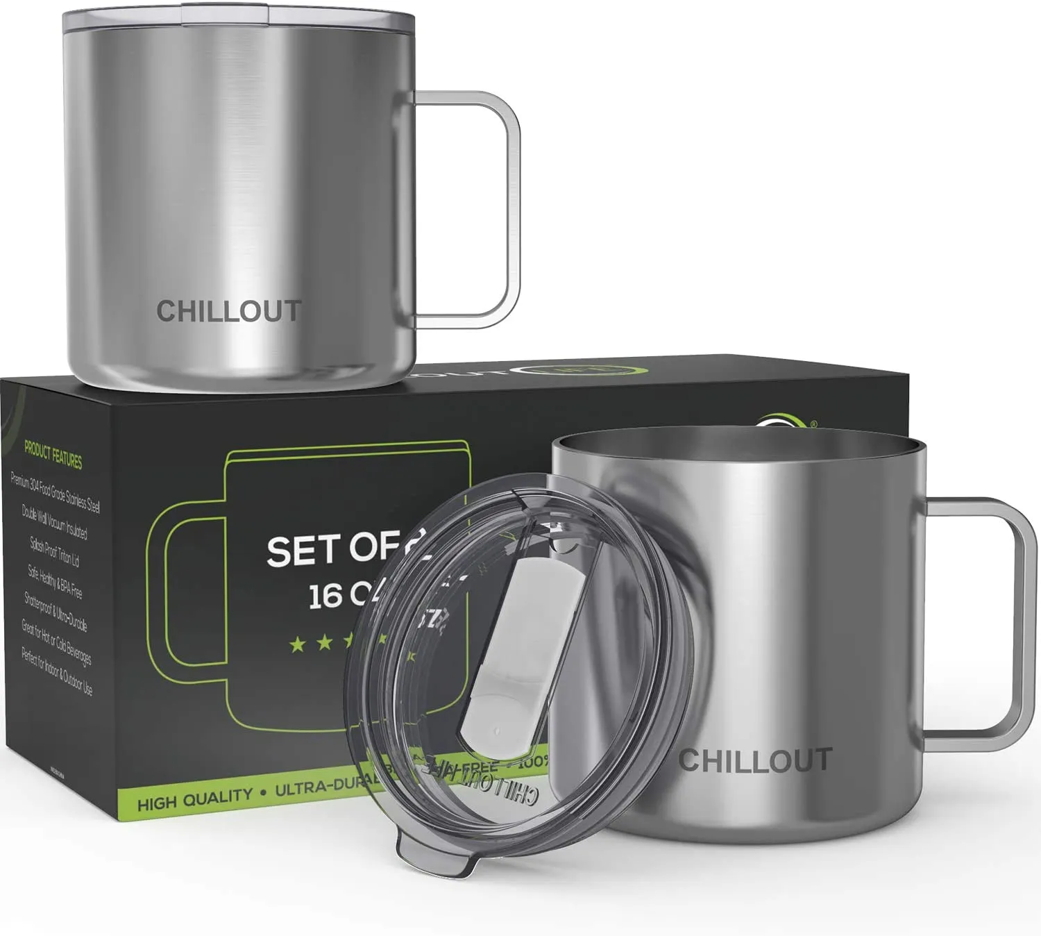 CHILLOUT LIFE Set of 2 - 16 oz Stainless steel Vacuum Insulated Coffee Mugs with Handle and Lid, Large Thermal Camping Coffee Mugs with Sliding Lid for Men & Women