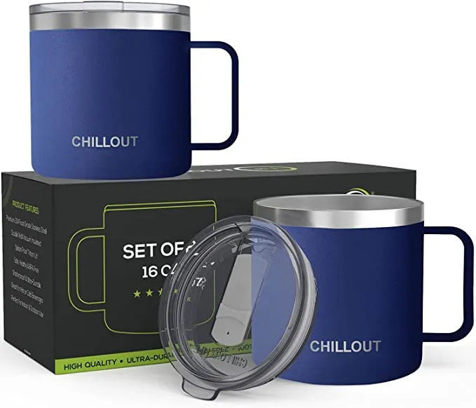 CHILLOUT LIFE Set of 2 - 16 oz Stainless steel Vacuum Insulated Coffee Mugs with Handle and Lid, Large Thermal Camping Coffee Mugs with Sliding Lid for Men & Women