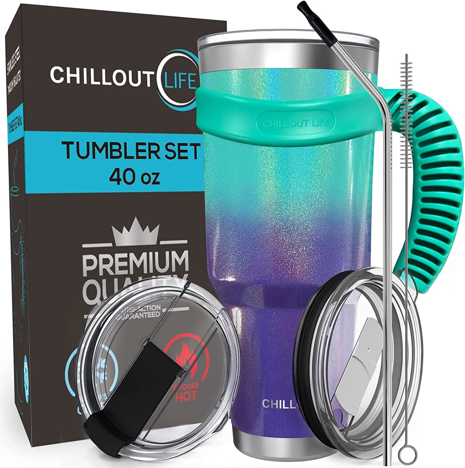 CHILLOUT LIFE Stainless Steel Travel Mug with Handle 40oz - 6 Piece Set. Tumbler with Handle, Straw, Cleaning Brush & 2 Lids