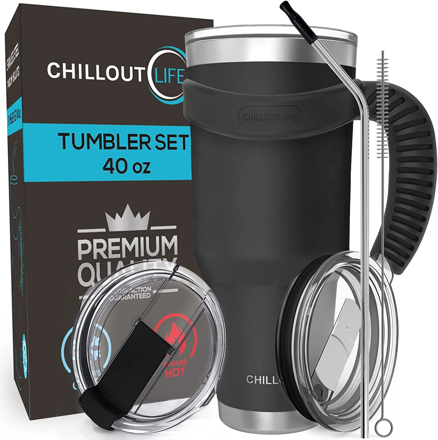 CHILLOUT LIFE Stainless Steel Travel Mug with Handle 40oz - 6 Piece Set. Tumbler with Handle, Straw, Cleaning Brush & 2 Lids