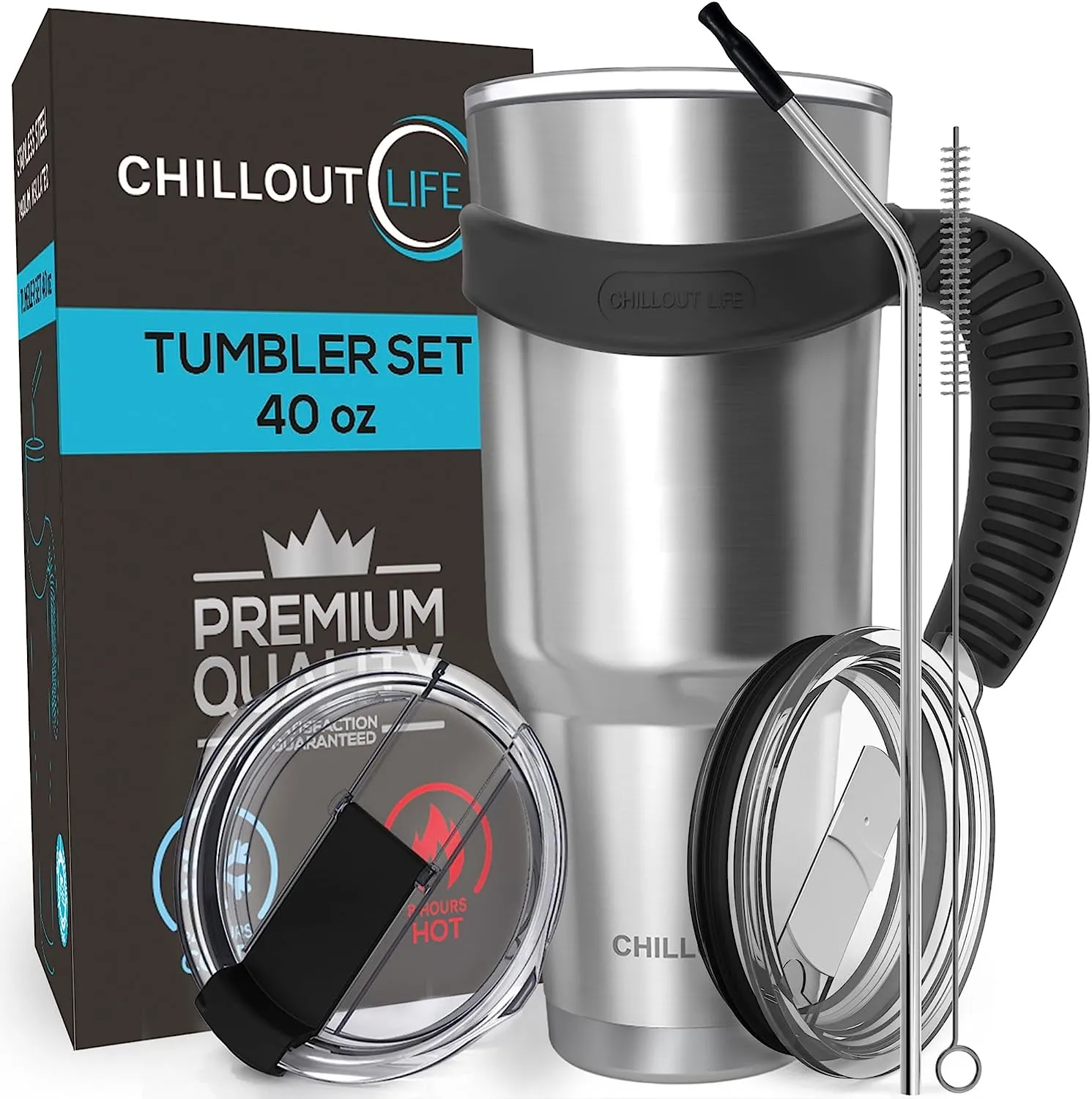 CHILLOUT LIFE Stainless Steel Travel Mug with Handle 40oz - 6 Piece Set. Tumbler with Handle, Straw, Cleaning Brush & 2 Lids