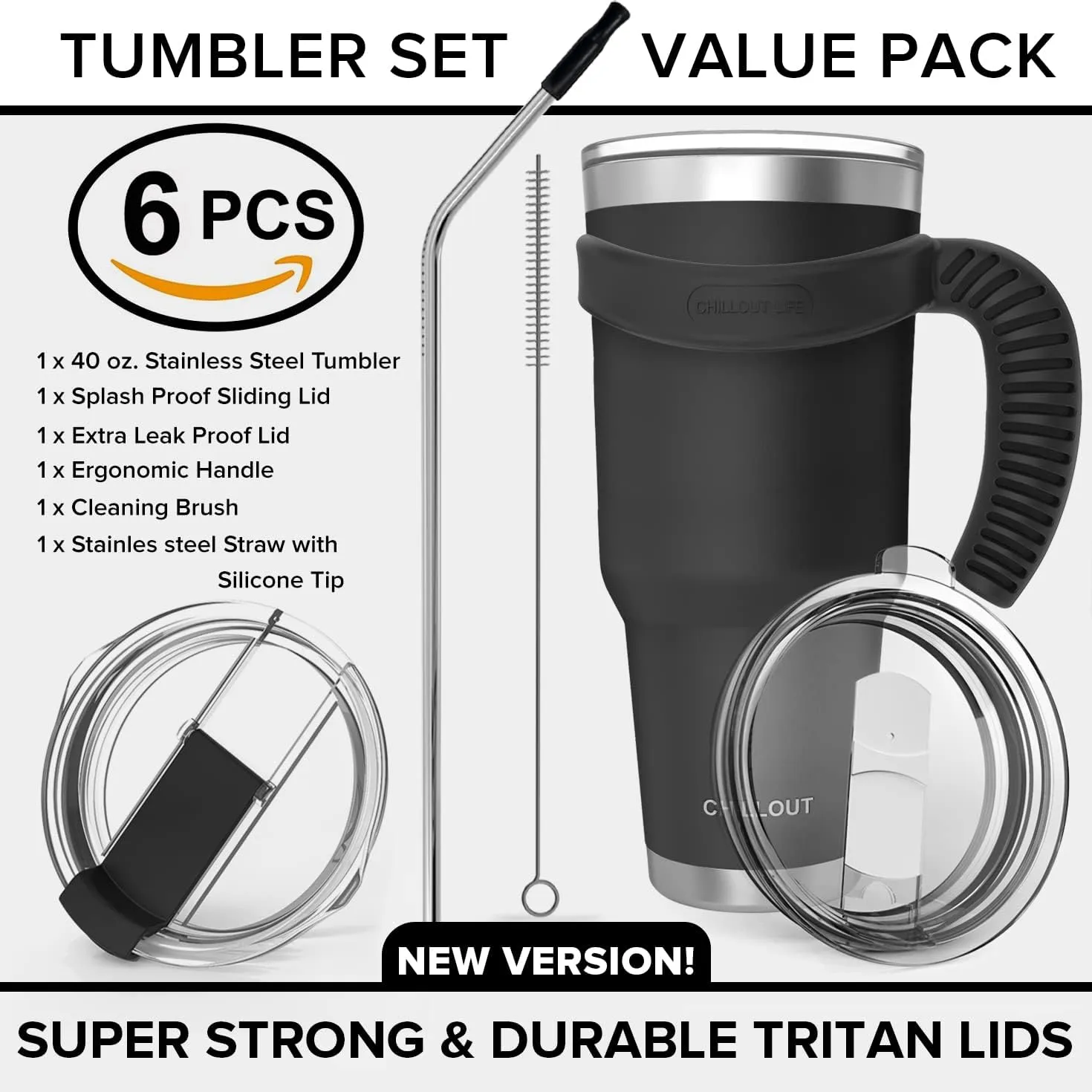 CHILLOUT LIFE Stainless Steel Travel Mug with Handle 40oz - 6 Piece Set. Tumbler with Handle, Straw, Cleaning Brush & 2 Lids