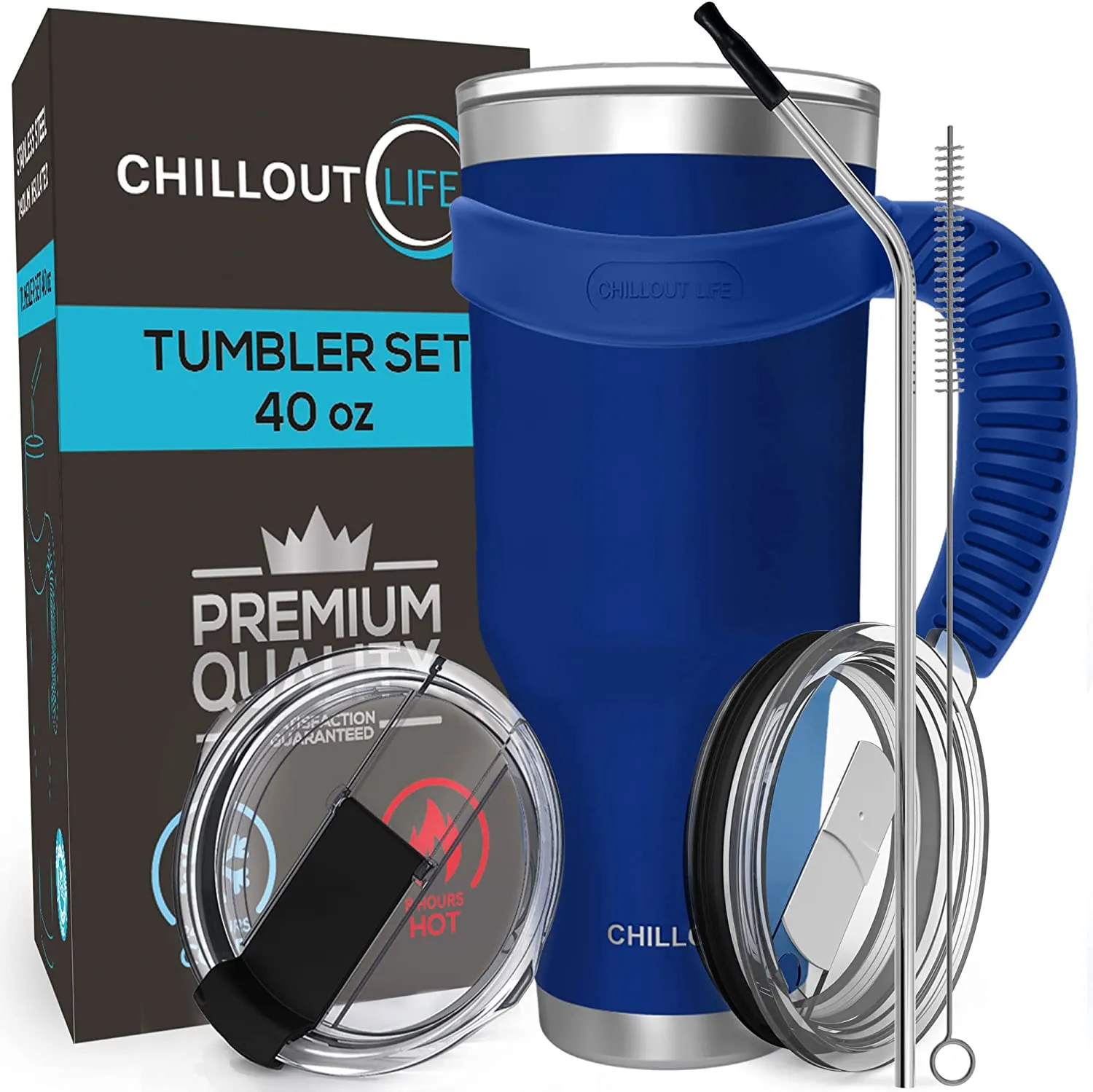 CHILLOUT LIFE Stainless Steel Travel Mug with Handle 40oz - 6 Piece Set. Tumbler with Handle, Straw, Cleaning Brush & 2 Lids