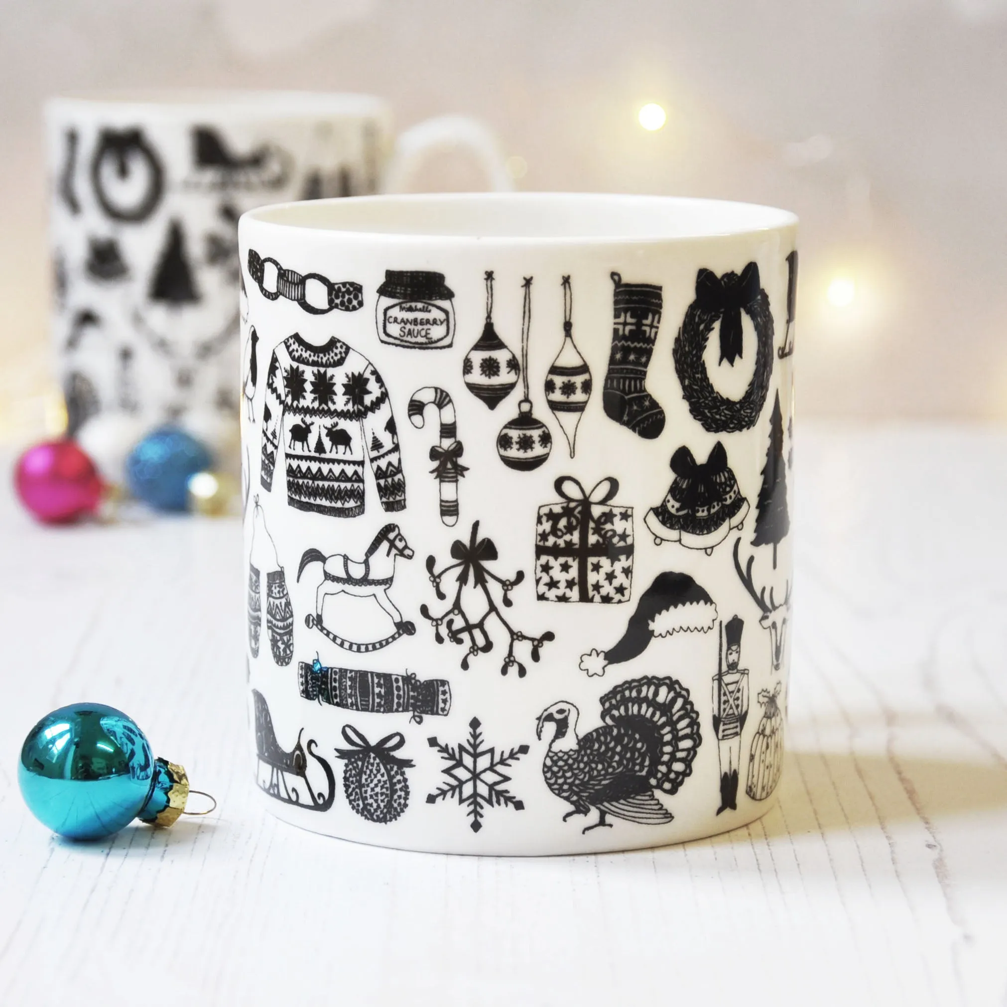 Christmas Illustrated Black And White Mug