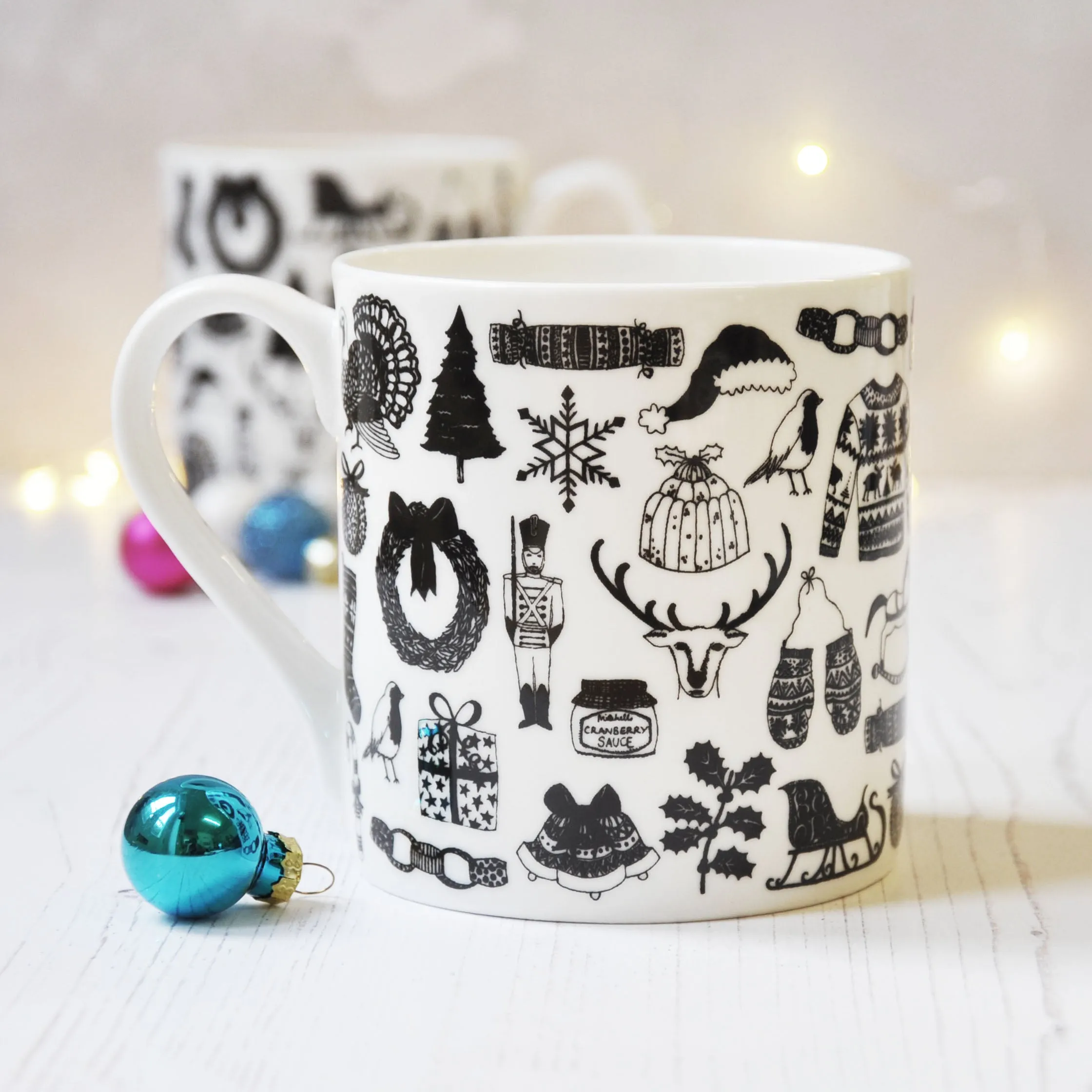 Christmas Illustrated Black And White Mug