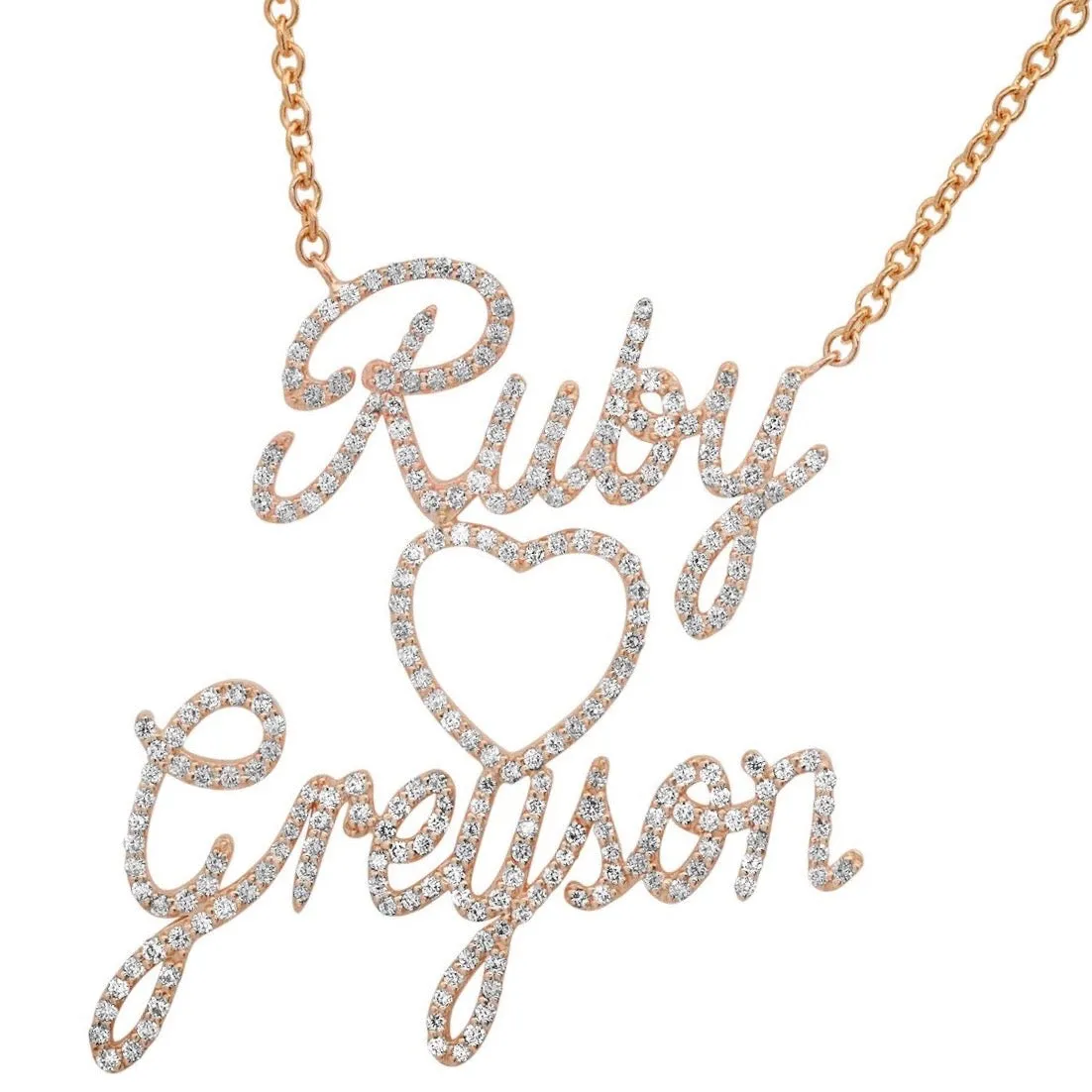 Custom Diamond Script Double Nameplate with Heart Necklace