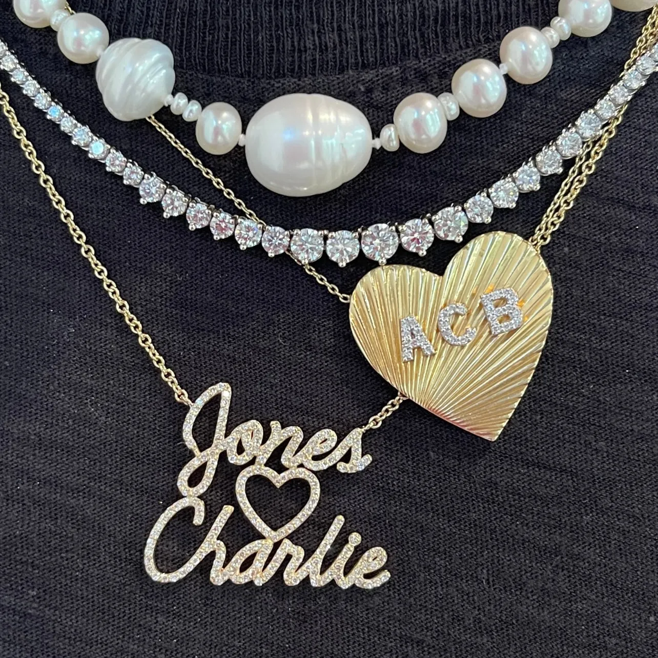 Custom Diamond Script Double Nameplate with Heart Necklace