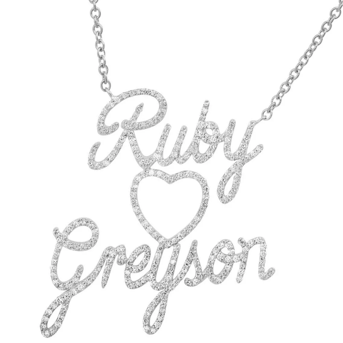 Custom Diamond Script Double Nameplate with Heart Necklace