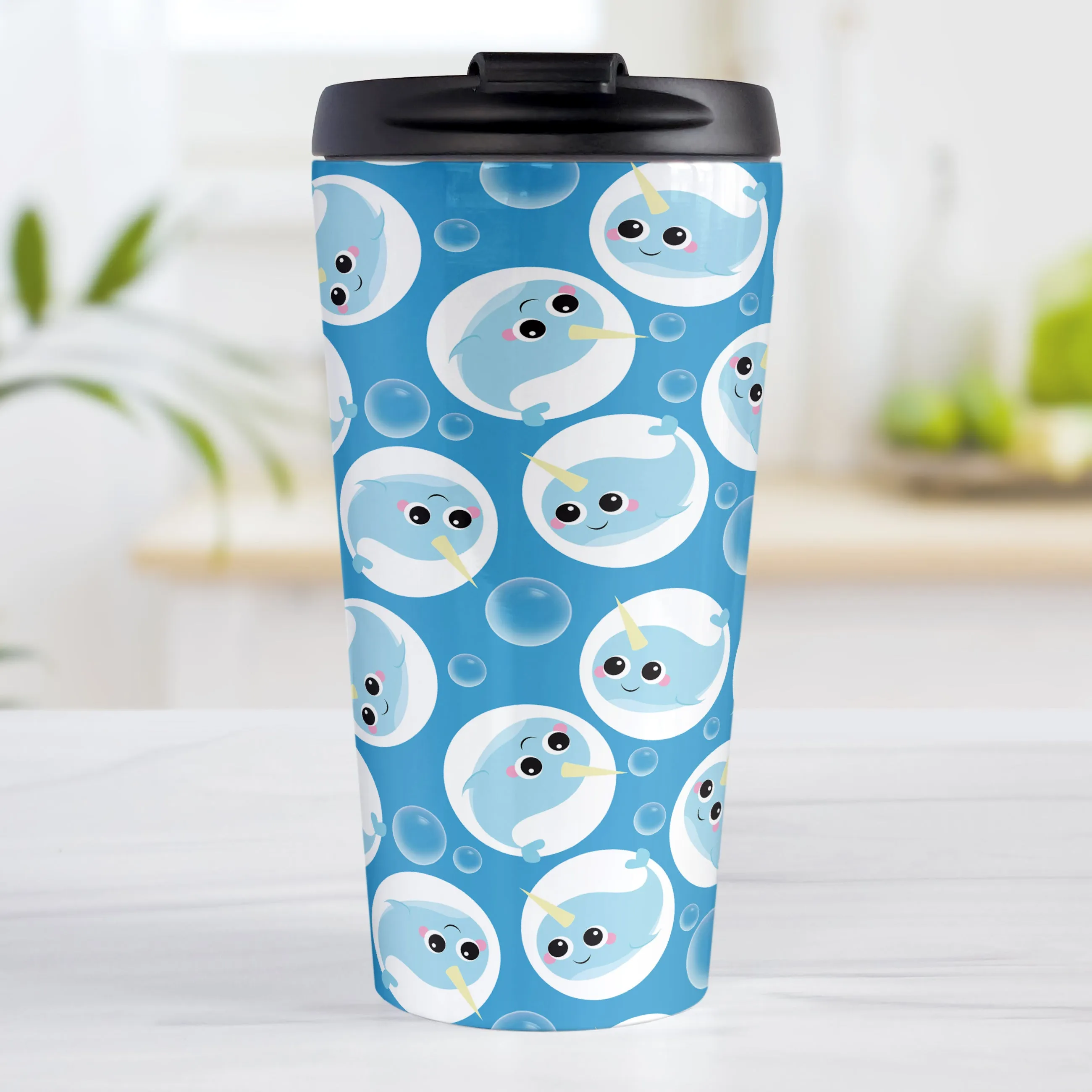 Cute Blue Narwhal Bubble Pattern Travel Mug