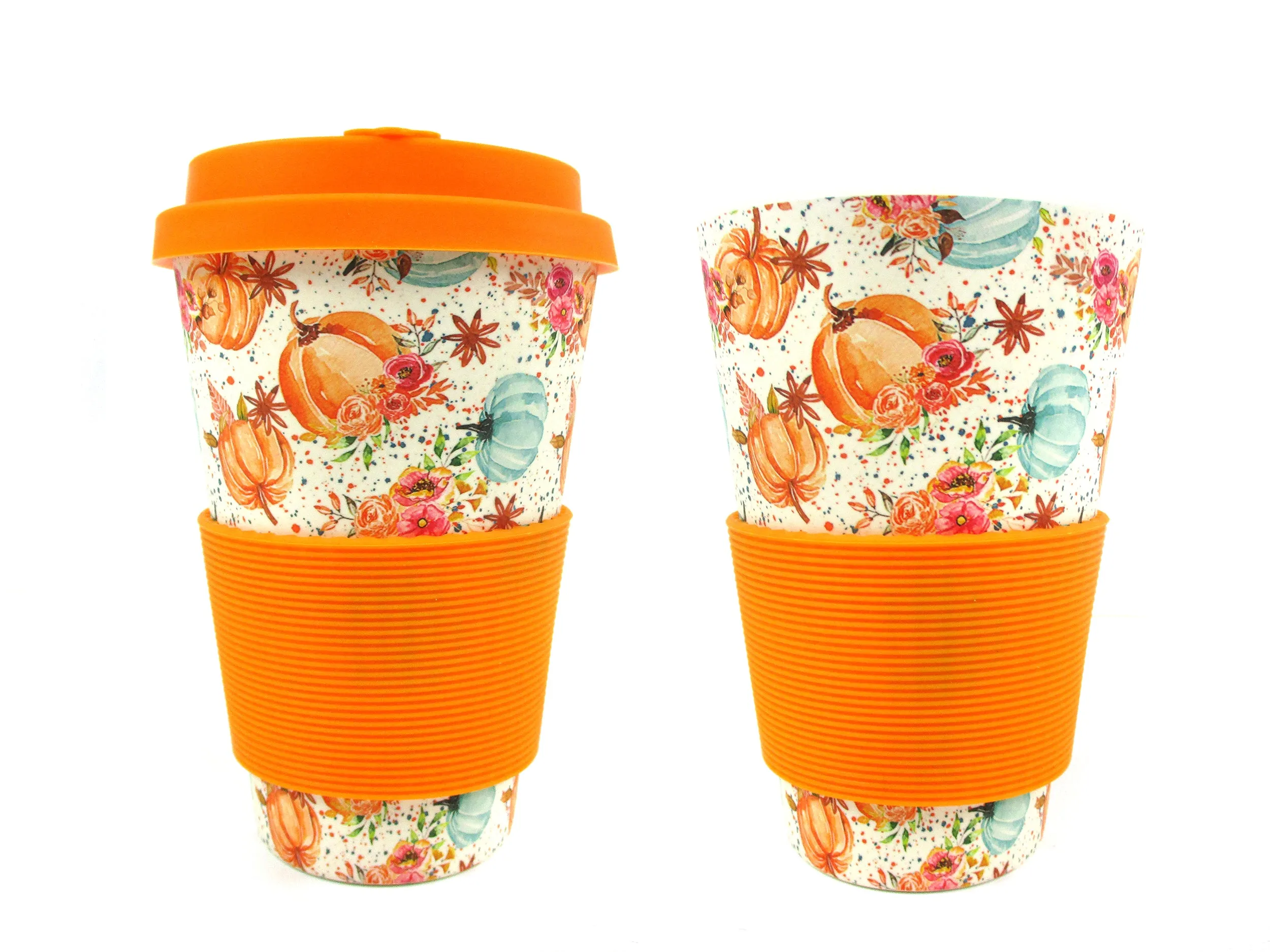 Eco-Friendly Reusable Plant Fiber 14 oz Travel Mug with Fall Harvest Pumpkin Design