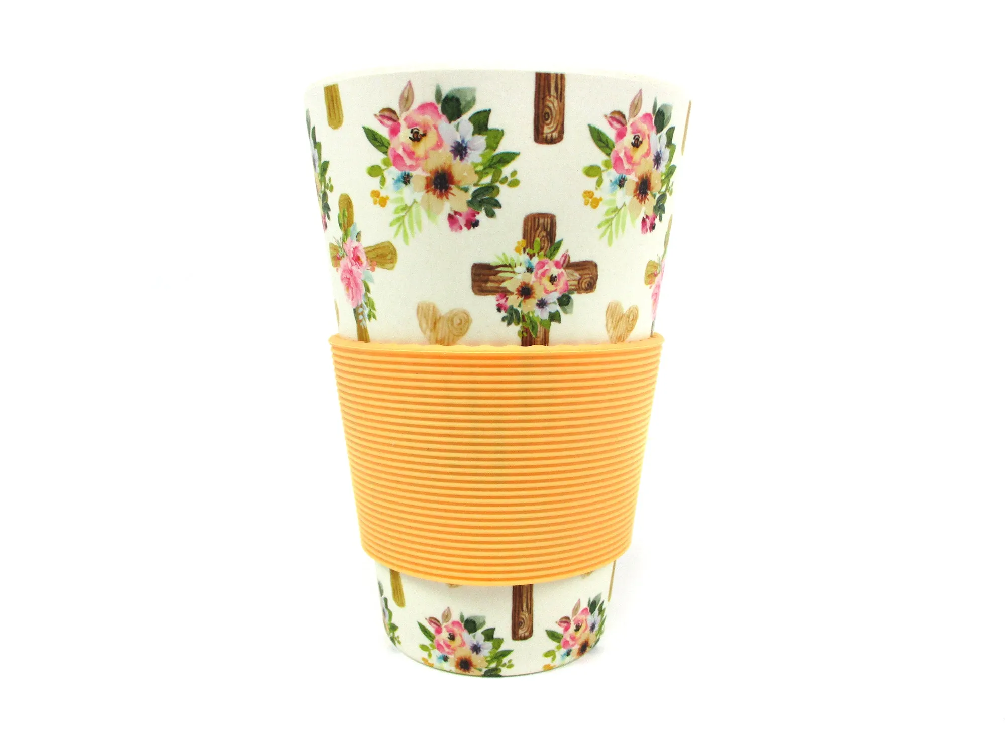 Eco-Friendly Reusable Plant Fiber 14 oz Travel Mug with Religious Floral Crosses Design