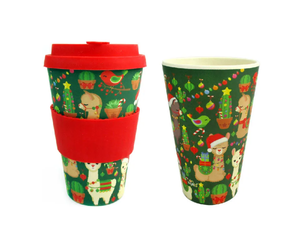 Eco-Friendly Reusable Plant Fiber Holiday Travel Mug with Christmas Llama Alpaca Design