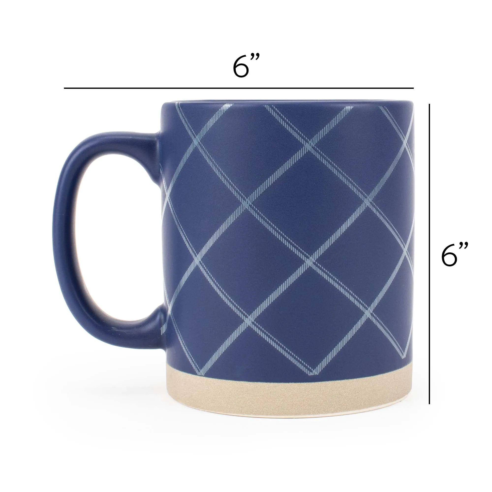 Elanze Designs Modern Plaid Raw Clay Bottom Navy Blue 13 ounce Ceramic Coffee Mugs Set of 4