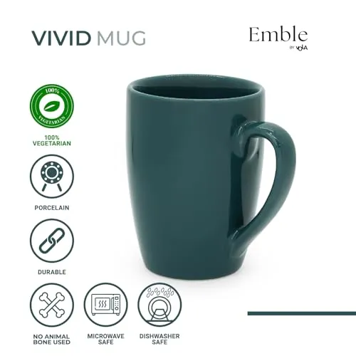 Emble by Vola Vivid Peacock Blue Porcelain Tea & Coffee Mug-230ml Microwave Safe | Home & Office Use | Kitchen & Dining Luxury Tableware | Ideal for Gifting |