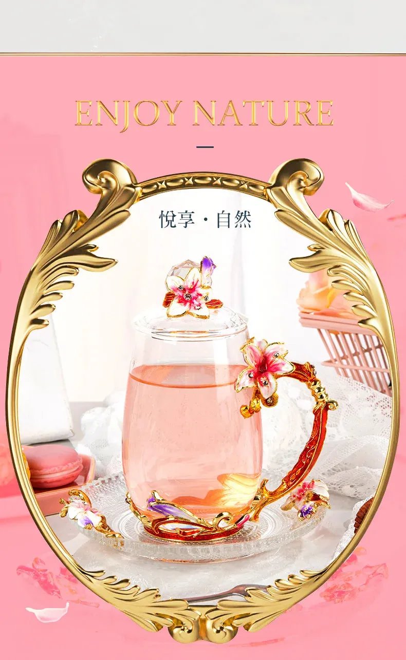 Enamel cup gift box set tea cup glass female flower tea cup gift custom home cup manufacturer direct sales and wholesale