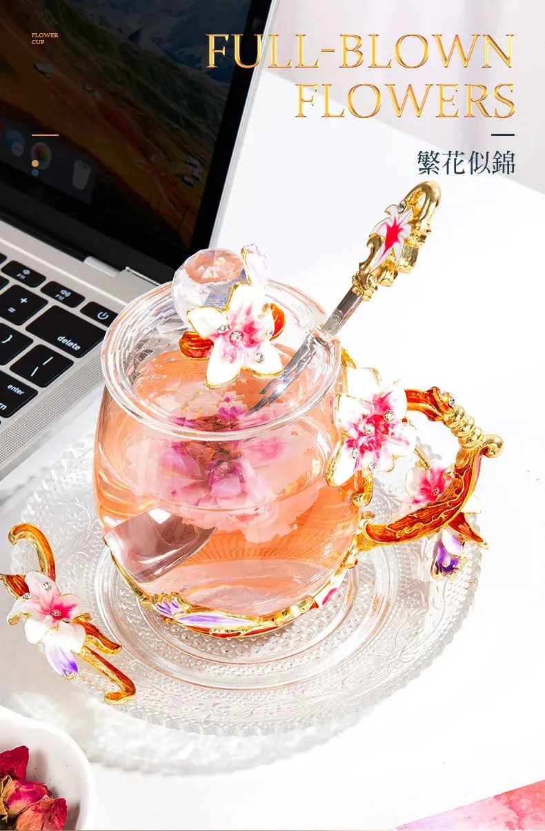 Enamel cup gift box set tea cup glass female flower tea cup gift custom home cup manufacturer direct sales and wholesale