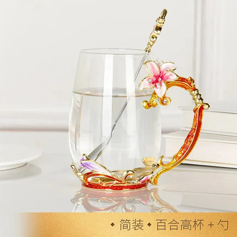 Enamel cup gift box set tea cup glass female flower tea cup gift custom home cup manufacturer direct sales and wholesale