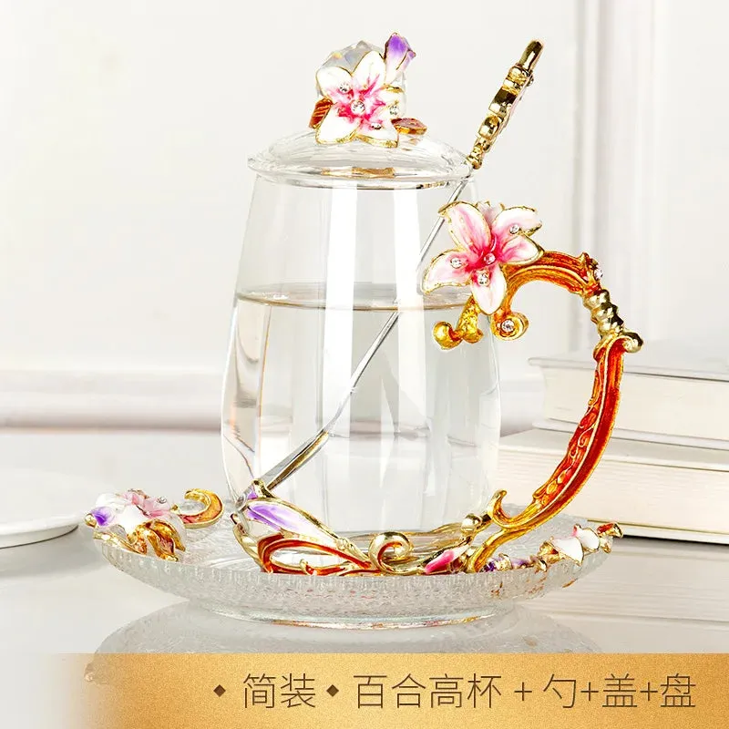 Enamel cup gift box set tea cup glass female flower tea cup gift custom home cup manufacturer direct sales and wholesale