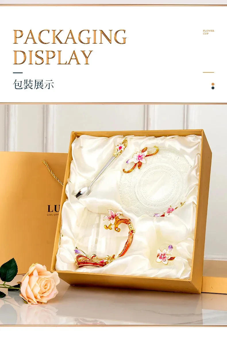 Enamel cup gift box set tea cup glass female flower tea cup gift custom home cup manufacturer direct sales and wholesale