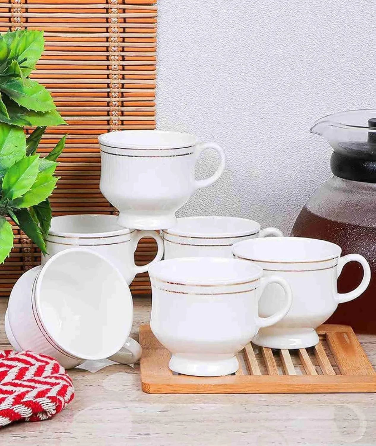 EZRA Bone China Cup Set with Gold Line Series Tea/Coffee Cup Set Special for Drink Tea, Coffee, with Elegant Golden Line, Coffee Mugs for Home Office Set of - 6 Pieces (140 ml)