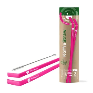 GIFT TUBE of Hot Pink KoffieStraws: 2x of 8" KoffieStraws and 1x stainless steel cleaning brush