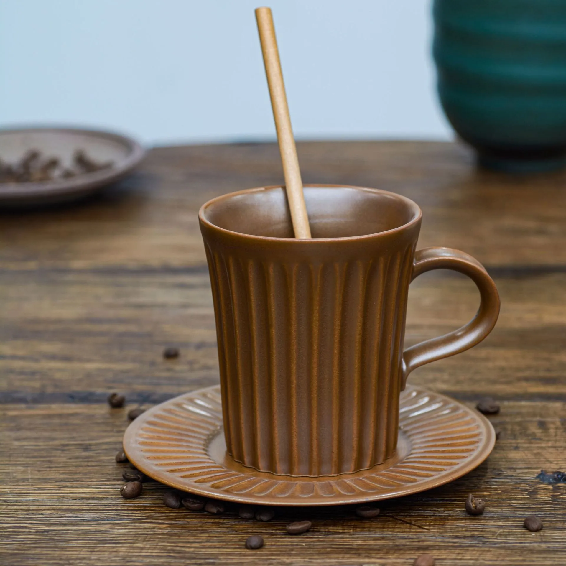 Gohobi Handmade Tall Vintage Japanese Stoneware Coffee Mug and Saucer Set