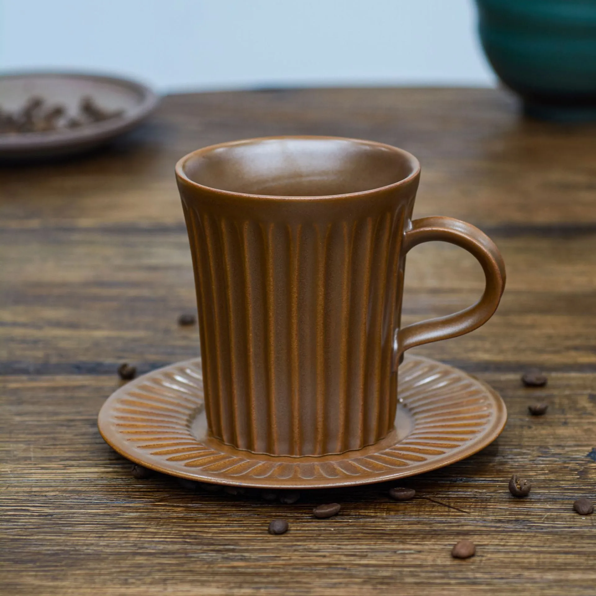 Gohobi Handmade Tall Vintage Japanese Stoneware Coffee Mug and Saucer Set