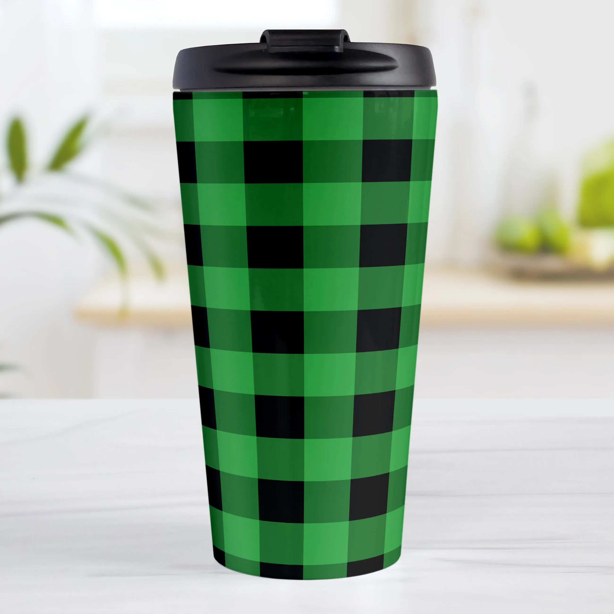 Green and Black Buffalo Plaid Travel Mug