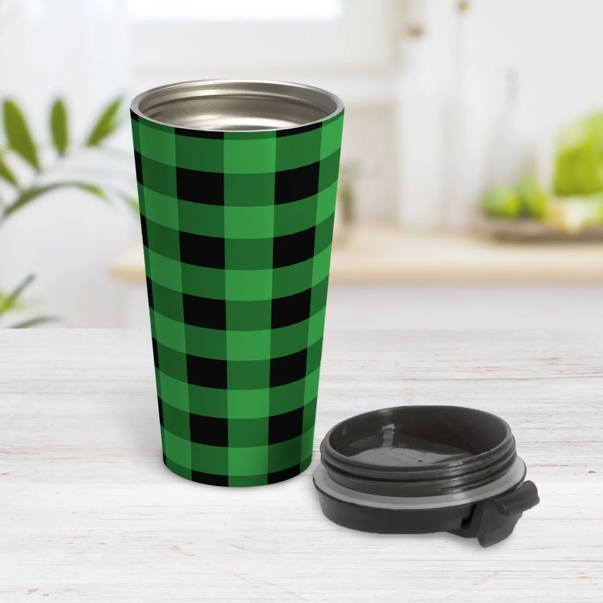 Green and Black Buffalo Plaid Travel Mug