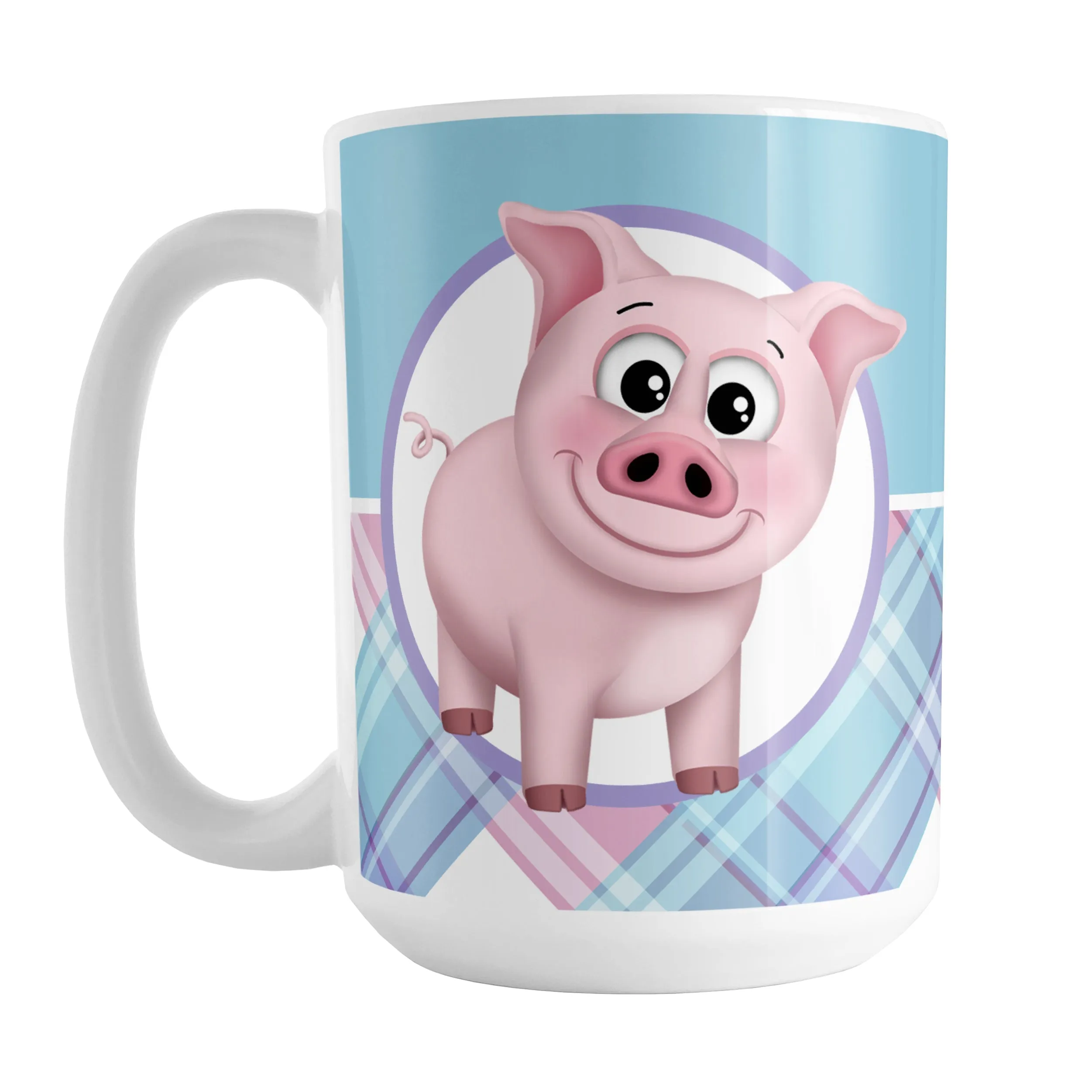 Happy Pink Pig with Plaid Pattern Mug