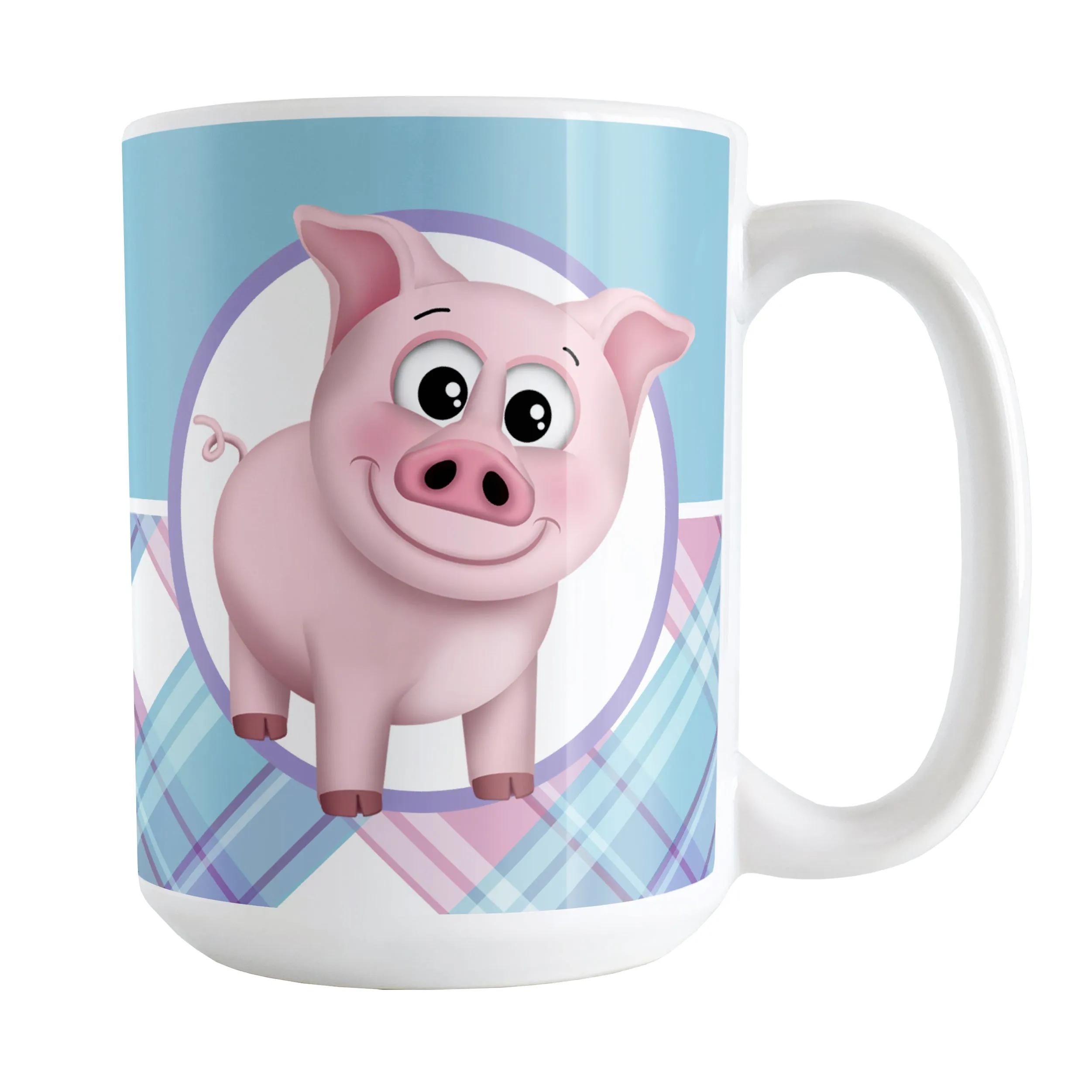 Happy Pink Pig with Plaid Pattern Mug