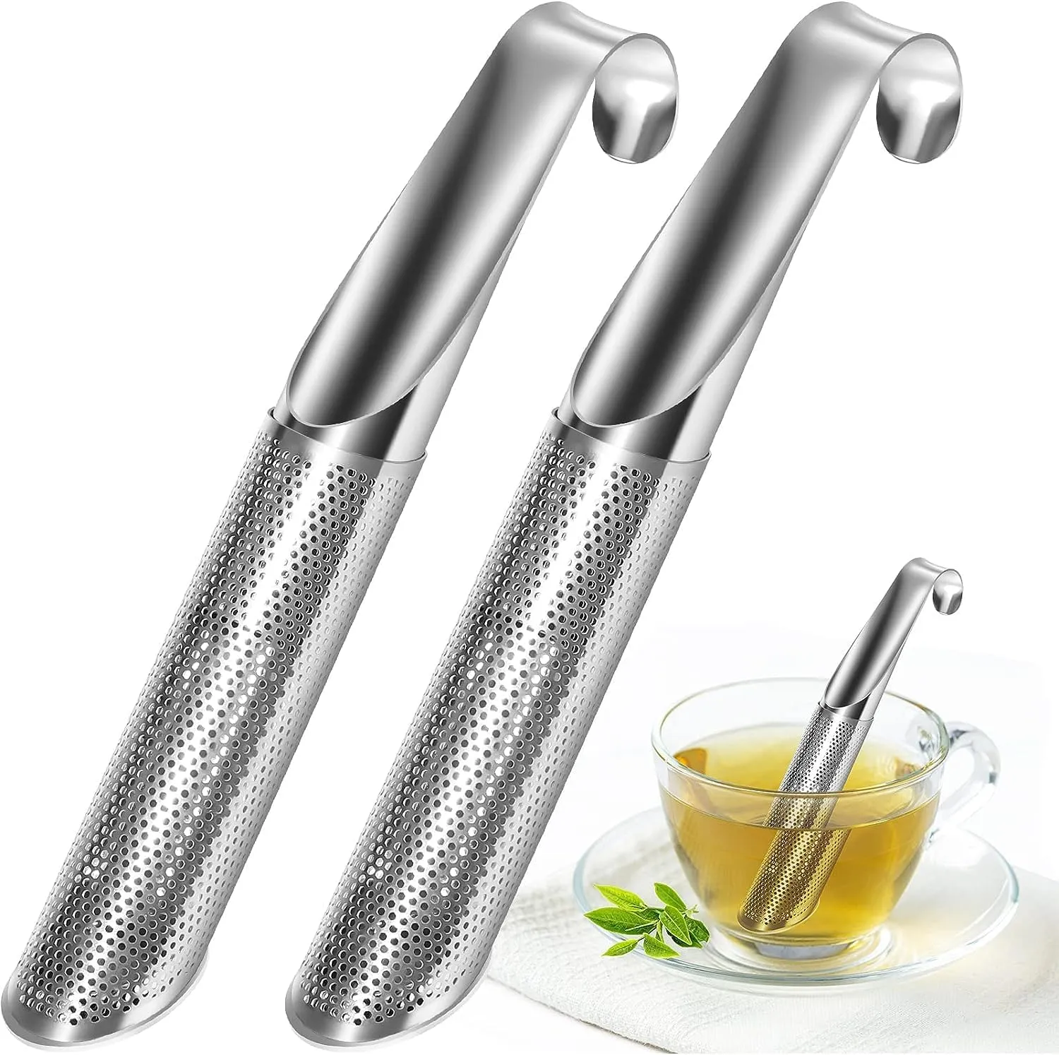 Homaxa Tea Infuser, Stainless Steel Tea Infuser Stick Pipe Tea Diffuser for Loose Tea Leaf, Tea Leaf Diffuser Food Grade Fine Mesh Tea Filter | Pack 2 | Silver