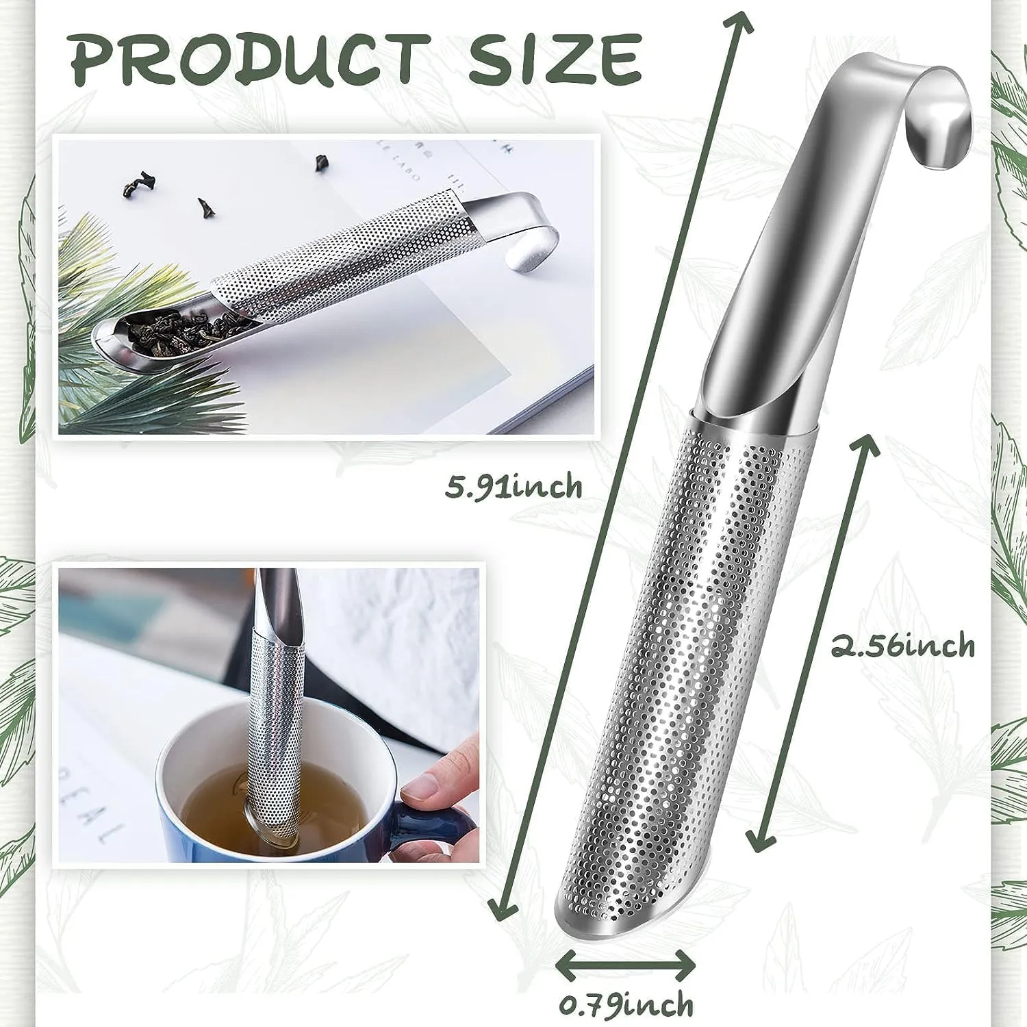 Homaxa Tea Infuser, Stainless Steel Tea Infuser Stick Pipe Tea Diffuser for Loose Tea Leaf, Tea Leaf Diffuser Food Grade Fine Mesh Tea Filter | Pack 2 | Silver