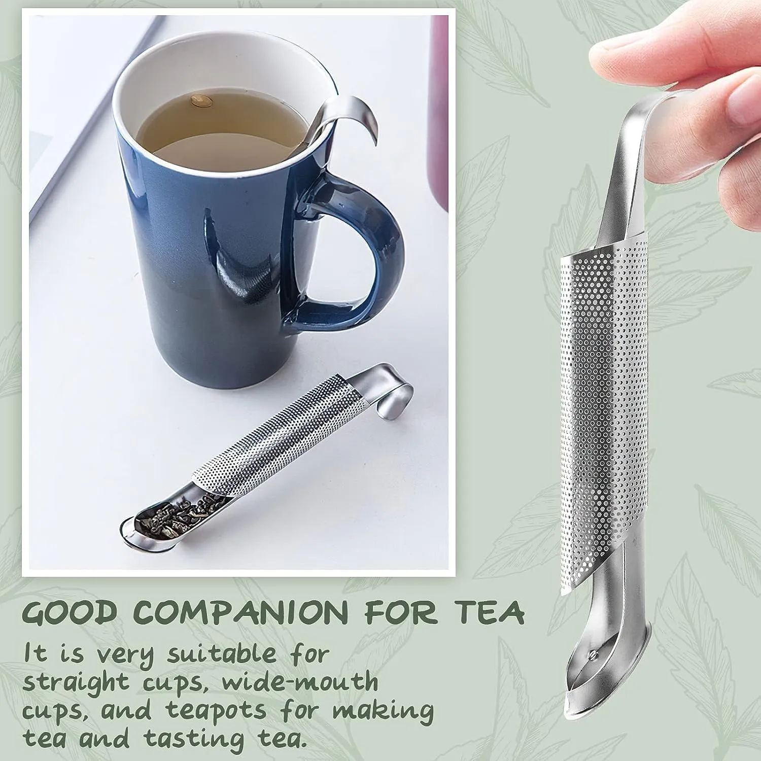 Homaxa Tea Infuser, Stainless Steel Tea Infuser Stick Pipe Tea Diffuser for Loose Tea Leaf, Tea Leaf Diffuser Food Grade Fine Mesh Tea Filter | Pack 2 | Silver