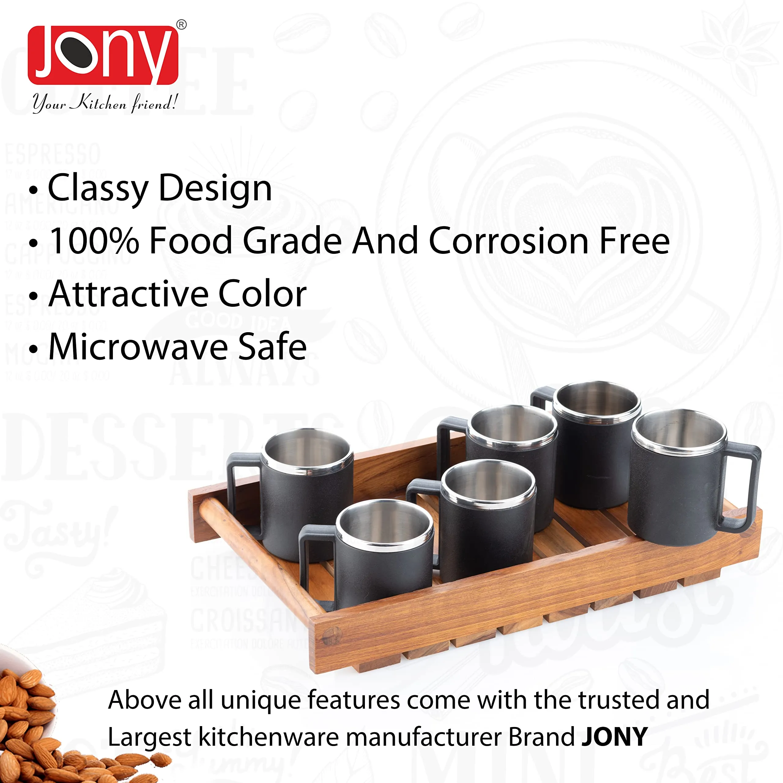 Jony Pack of 6 Stainless Steel, Plastic Tea-Coffee Lover's 1St Choice Tea Cups Set/Steel Cup/Coffee Cup/Cup Set (Black, 200 Ml)