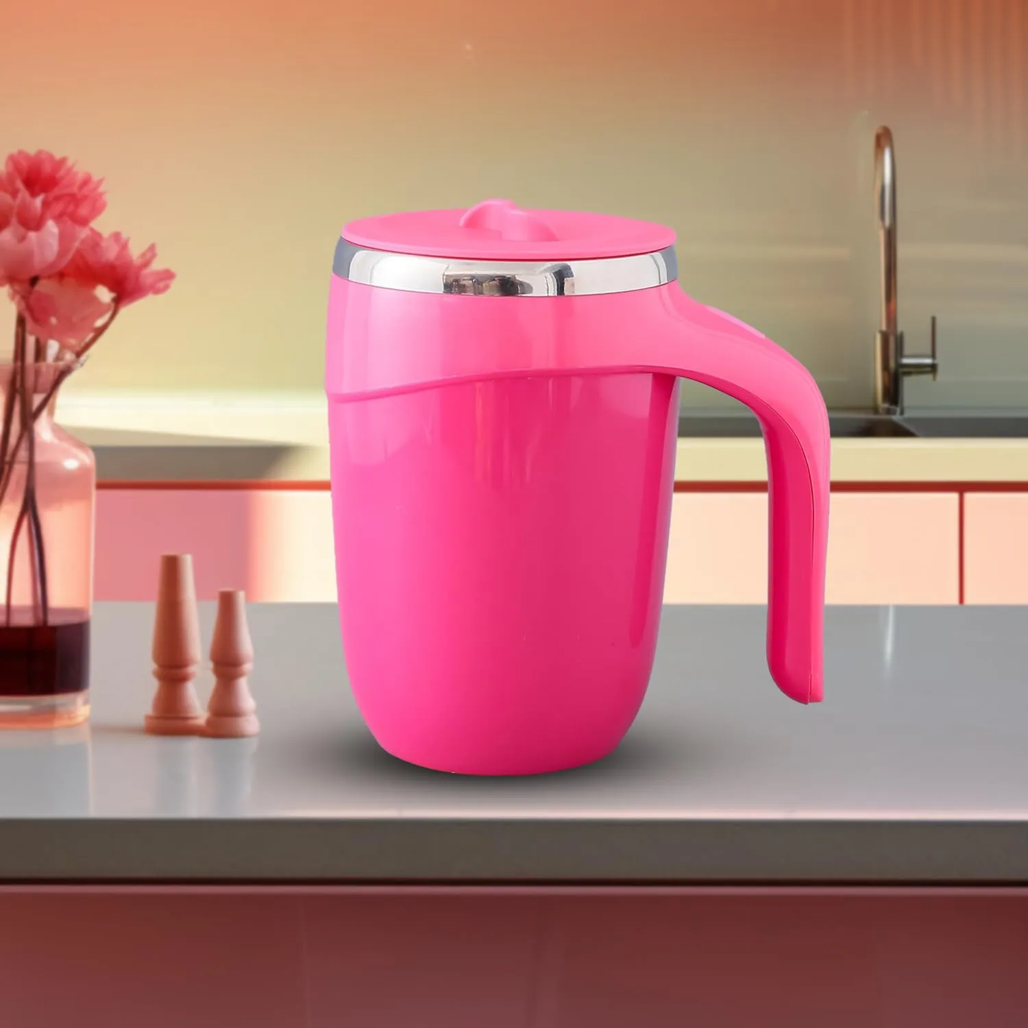 Kuber Industries Pack of 6 Anti-Fall Insulated Coffee Mug with Suction Bottom | Leak-Proof Stainless Steel Tumbler | Coffee Mug with Lid and Handle | 500 ML | Pink