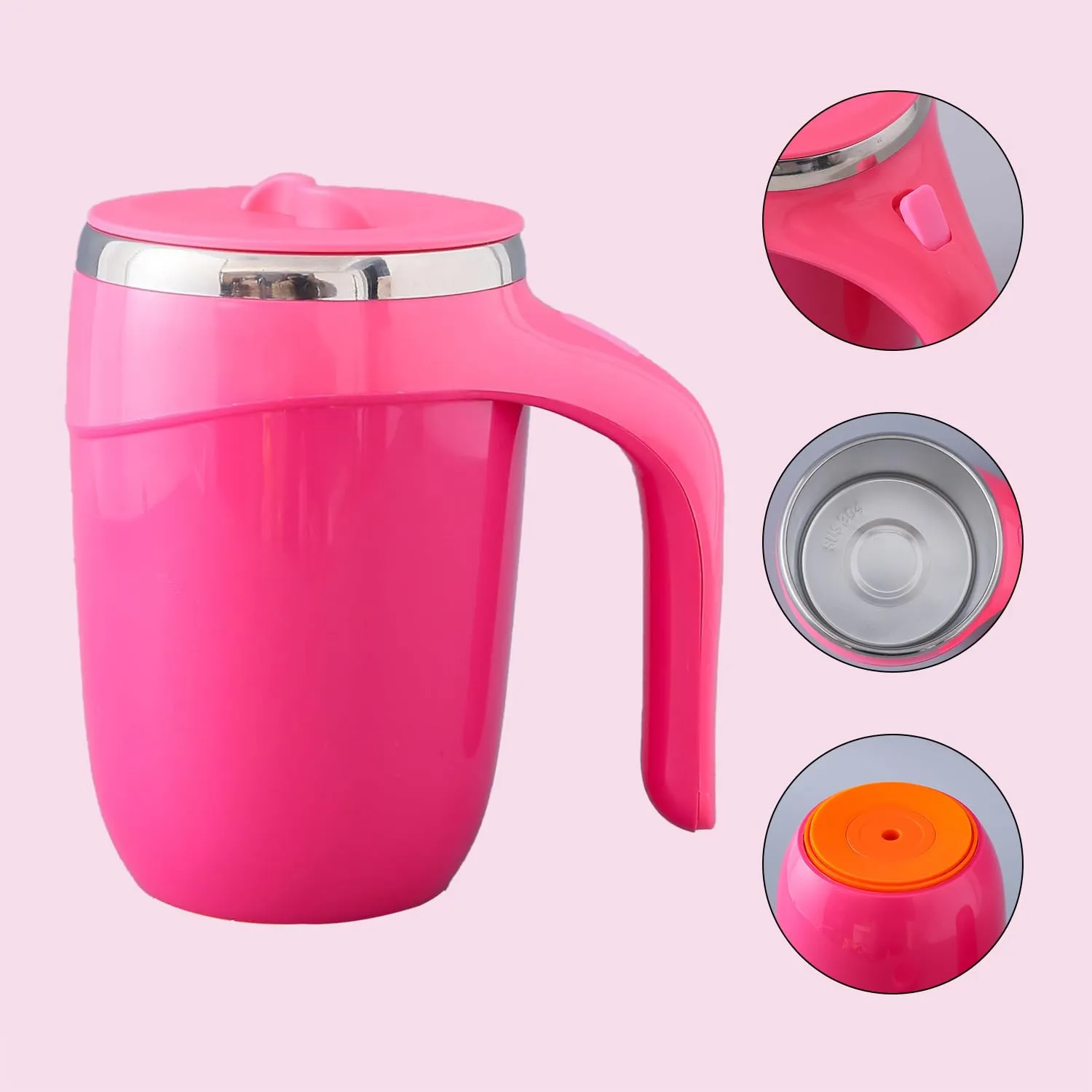 Kuber Industries Pack of 6 Anti-Fall Insulated Coffee Mug with Suction Bottom | Leak-Proof Stainless Steel Tumbler | Coffee Mug with Lid and Handle | 500 ML | Pink