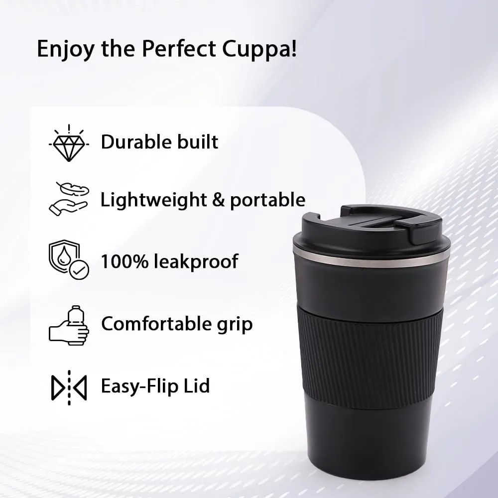 Kuber Industries Stainless Steel Insulated Coffee Cup with Sipper Mouth|Travel Coffee Mug 380 ML-Pack of 4|Black|