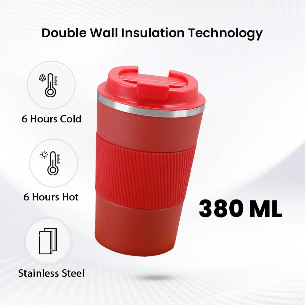 Kuber Industries Stainless Steel Insulated Coffee Mug with Sleeve|Travel Coffee Mug 380 ML-Pack of 3|Red|