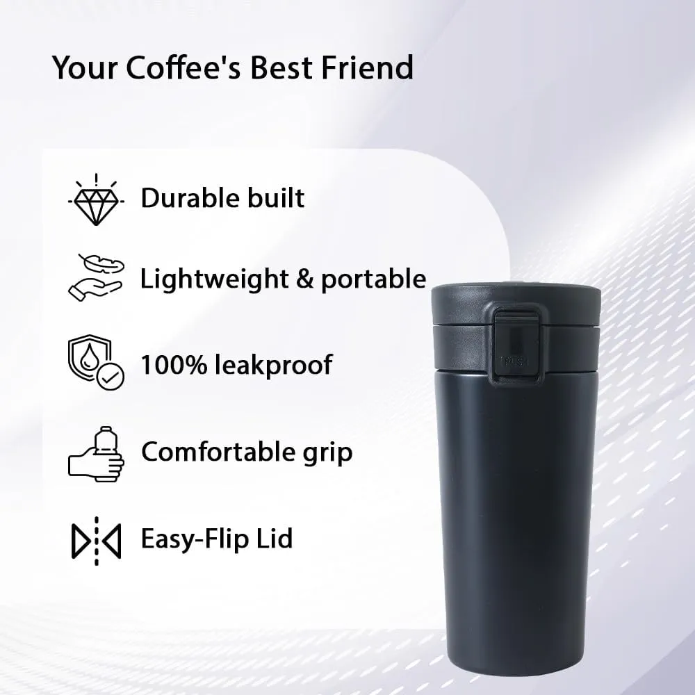 Kuber industries Stainless Steel Insulated Coffee Tumbler with Sipper Lid 380 ML-Pack of 3 (Black)